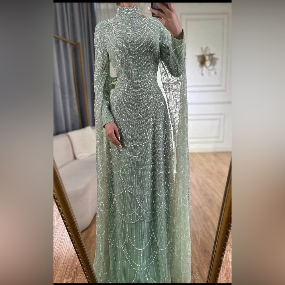 Sage green hand beaded custom long cape sleeve maxi dress
